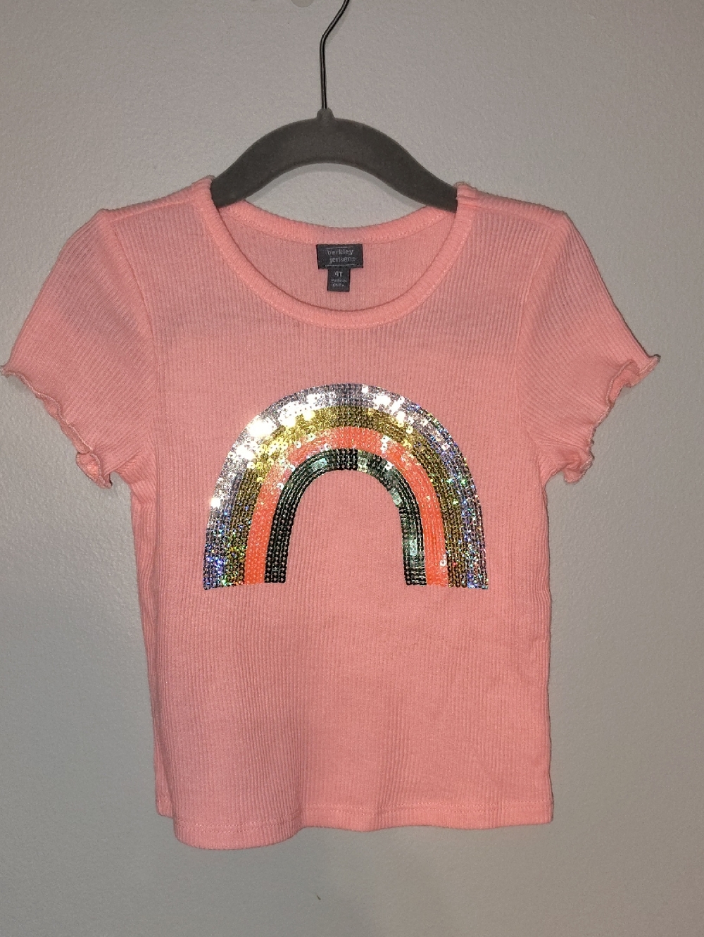 Berkley Jensen Pink Ribbed Short Sleeve Tee with Sequin Rainbow